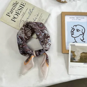 Vintage brown floral square silk scarf, lightweight neckerchief for women fashion autumn.