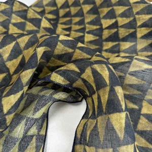 Detailed view of the Japanese vintage linen small square scarf featuring geometric triangle print.
