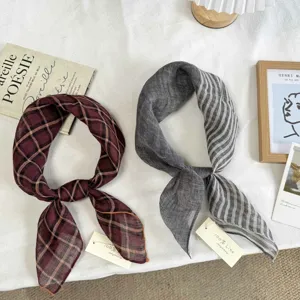 Japanese vintage linen small square scarf breathable neckerchief chic plaid striped scarf