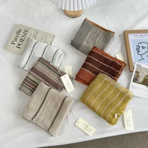 Vintage striped linen square scarf women casual neckerchief spring autumn thin headscarf