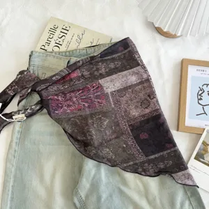 Vintage printed triangular scarf for women, chic waist accessory and stylish headwear.