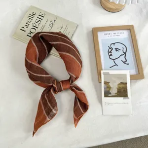 Vintage orange brown striped linen square scarf for women, lightweight neckerchief and hair wrap.