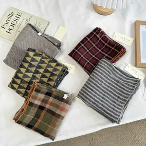 Japanese Vintage Linen Square Scarf For Women Plaid Striped Geometric Pattern Thin Breathable Neck Scarf Sun Protection Kerchief