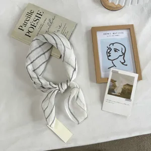 Retro striped linen square scarf for women, lightweight breathable neckerchief for spring autumn.
