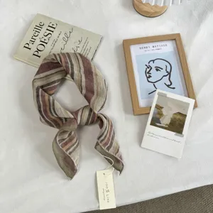 Retro striped linen square scarf for women, elegant lightweight neckerchief and hair wrap.