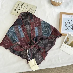 Vintage printed triangular scarf for women, retro floral paisley boho hair scarf chic.