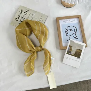 Vintage striped linen square scarf for women, elegant neckerchief and head wrap accessory.