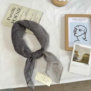 Japanese retro linen small square scarf, breathable thin plaid neckerchief for women sun protection.