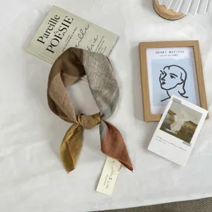 Orange brown striped linen square scarf vintage relaxed neckerchief thin spring autumn