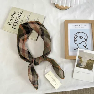 Vintage linen square scarf, breathable plaid neckerchief for women, chic sun protection accessory.