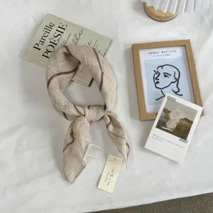 Retro striped linen square scarf, lightweight breathable neckerchief for spring and autumn.
