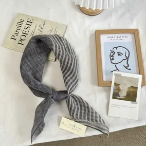 Vintage Japanese style linen small square scarf, breathable lightweight plaid neckerchief.