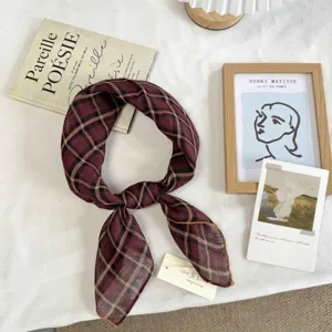Detailed view of vintage plaid linen square scarf, lightweight breathable neckerchief accessory.