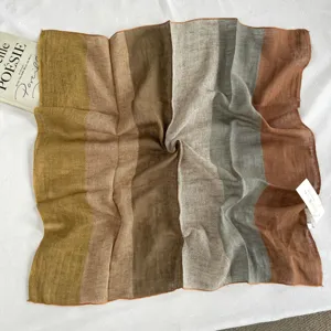 Retro striped linen square scarf for women, lightweight vintage neckerchief for spring autumn.