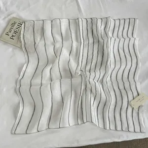 Vintage black and white striped linen square scarf for women, lightweight breathable neck wrap.