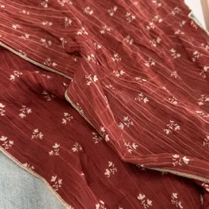 Red brown floral print pleated triangle scarf French vintage lightweight neckerchief for women