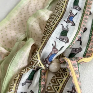 Vintage equestrian print fabric scarf necklace with elegant pearl bead detail for women stylish.