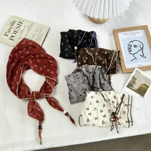 French Style Floral Pleated Triangle Scarf For Women Sweet Beaded Tassel Hairband Elegant Head Wrap Lightweight Kerchief Neck Scarf