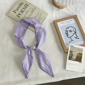 Purple plaid skinny scarf for women, stylish neckerchief with pearl buckle for spring.