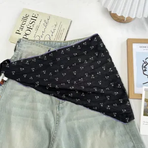 Korean style black floral triangle scarf, sweet floral neckerchief with beads for women.
