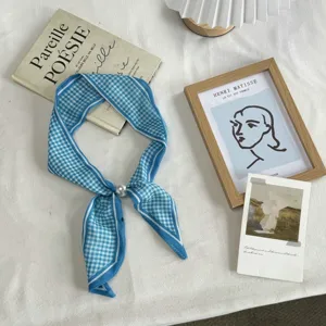 Blue and white gingham narrow scarf for women, elegant chic long twilly with pearl buckle.