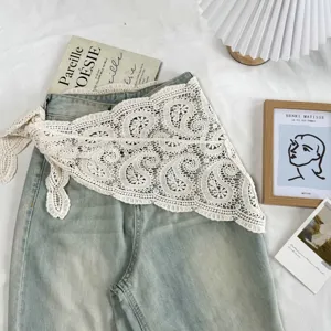 Estilo Coreano Retro Cachemira Blanco Encaje Calado Pañuelo Triangular Para Mujeres Primavera Verano Ganchillo Decorativo Cintura Wrap Top