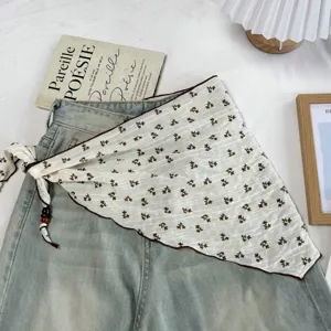 Chic floral triangular scarf with beads, french style elegant neckerchief for women outfit.
