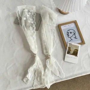 White lace scarf with pearl decoration, versatile decorative neck collar and elegant accessory.