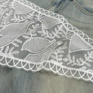 Detailed shot of white embroidered sequin lace trim layered over blue denim fabric accessory.