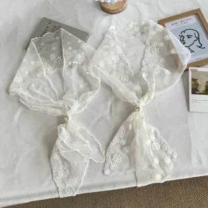 Elegant White Lace Trim Scarf For Women Delicate Bead Accent Decorative Neckerchief Versatile Minimalist Sweet Mesh Collar Bandana Wrap