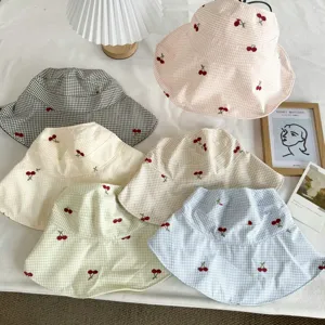 Fresh Gingham Plaid Bucket Hat With Cherry Embroidery Wide Brim Sun Protection Foldable Summer Beach Sun Hat For Women Accessory