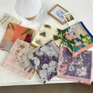 Women Large Square Scarf Artistic Scenery Print Satin Scarf Versatile Sun Protection Bandana Neck Scarf Head Scarf Handkerchief