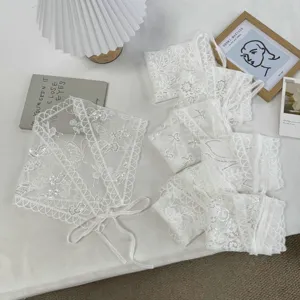 Pastoral Lace Kerchief For Women Chic Mesh Embroidered Hollow Out Sequin Triangle Scarf Extended Waist Band Tie Ribbon Hair Band Wrap Accessory