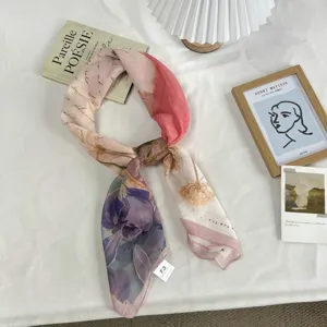 Artistic floral print square silk scarf, elegant neckerchief and hair band for women.