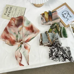 Fashion Women Triangle Silk Scarf With Beaded Buckle Lightweight Scarf For Spring Summer Artistic Print Neck Scarf Wrap