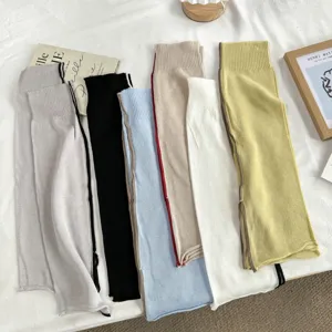 Minimalist Solid Color Knitted Leg Warmers For Women Side Slit Contrast Trim Summer Thin Slouch Socks Chic Versatile Footless Socks