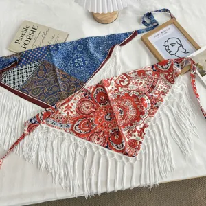 Boho ethnic paisley print triangle scarf with fringe stylish tie-up vintage kerchief for women