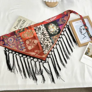 New Chinese ethnic vintage printed triangular scarf with long black tassels and tie straps.