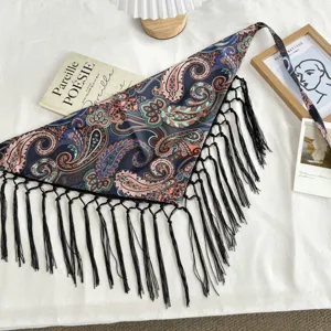 Retro paisley printed triangle scarf with black tassels, stylish ethnic wrap for summer.