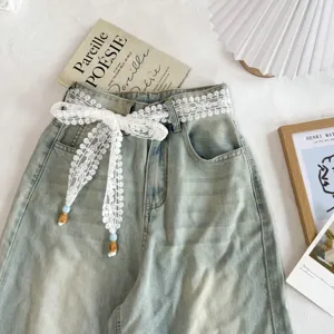 Pantalones vaqueros de mezclilla con cinturón de encaje dulce cinta decorativa elegante