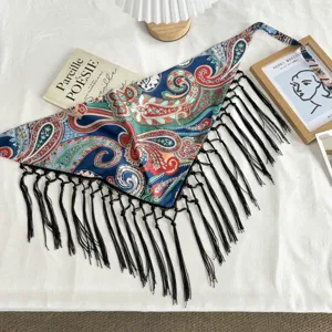 Vintage paisley print triangle scarf with black fringe boho style hair band headwear.