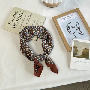 Floral cotton square scarf for women, stylish brown neckerchief and retro bandana accessory.