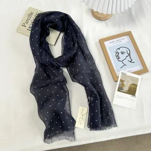 Écharpe en lin bleu marine à pois de haute qualité, châle long et doux pour l'été.