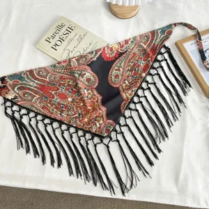 Boho paisley print triangle scarf with black tassels, vintage ethnic headwear or waist wrap.