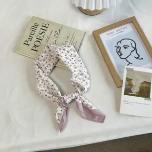 Floral print square scarf, elegant vintage neckerchief and stylish hair band for women.