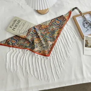 Boho paisley print triangle scarf with long white fringe, vintage style wrap skirt.