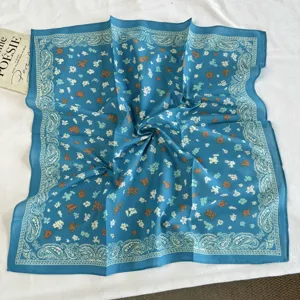 Blue floral square scarf with paisley border, pure cotton vintage neckerchief for women.