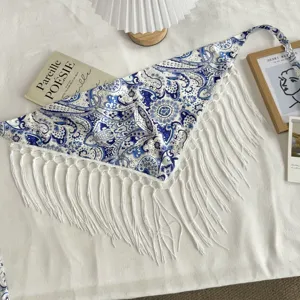 Ethnic style blue paisley print triangle scarf with white long fringes for summer mode.