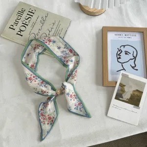 Vintage floral print neck scarf with pearl bead detail, elegant fabric ribbon for women chic.