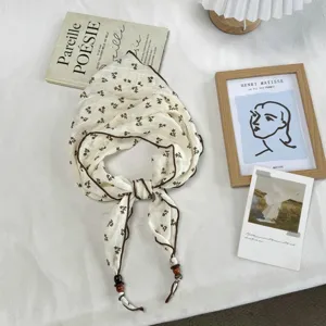 French style floral triangular scarf with beaded ends, elegant hair band or neckerchief for women.